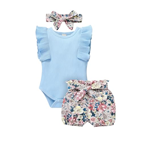 Image of Tiny Cutey Baby Girl Clothes Infant Summer Outfits Set Ruffle Sleeve Romper and Floral Shorts with Headband