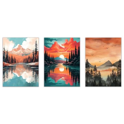 Poster mural chambre montagne paysage de rivière lune triptyque 30x45cm