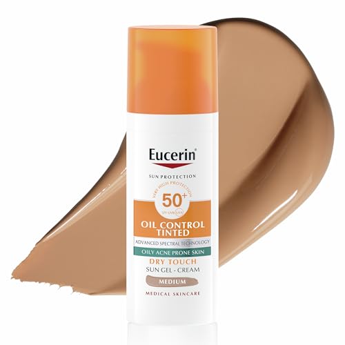 Eucerin Oil Control Tinted Dry Touch Medium SPF 50+ 50 ml, Crema solare viso 50+ con filtri UVA/UVB, Protezione solare viso 50+ colorata e opacizzante per pelle grassa e acneica