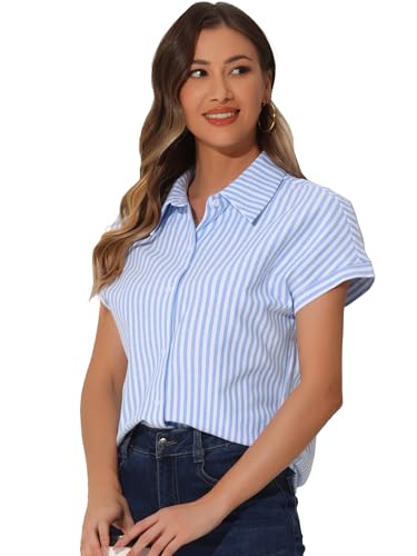 Chemises rayées boutonnées pour femme Allegra K coton manches courtes