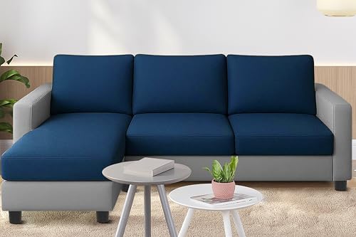 ARTFUL LIVING Modern L-Shape Sofa Set - Left-Hand Sectional Velvet Fabric with Cushions, 3-Seater with Chaise Blue & Grey Dual - Tone Couch for Living Room, Office, or Guest Space