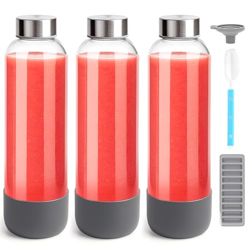 Image of Zukro 32 oz Glass Juice Bottles With Lids, 3 Pack Large Clear Glass Bottle with Airtight Stainless Steel Lids For Juicing, Water, Homemade Drinks, Non-slip Silicone Base, Leak Proof & BPA Free