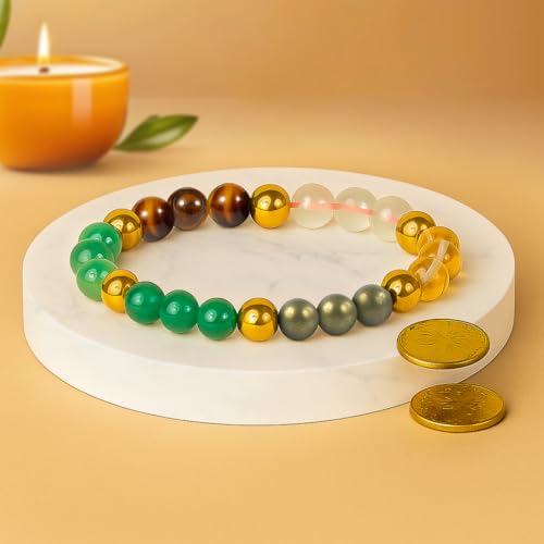 Image of Reiki Crystal Products Certified Tiger Eye, Green Aventurine, Dhan Yog, Hematite, Pyrite 8 mm Round Bead Bracelet | Natural Healing Crystal Bracelet for Men & Women | Reiki Charged