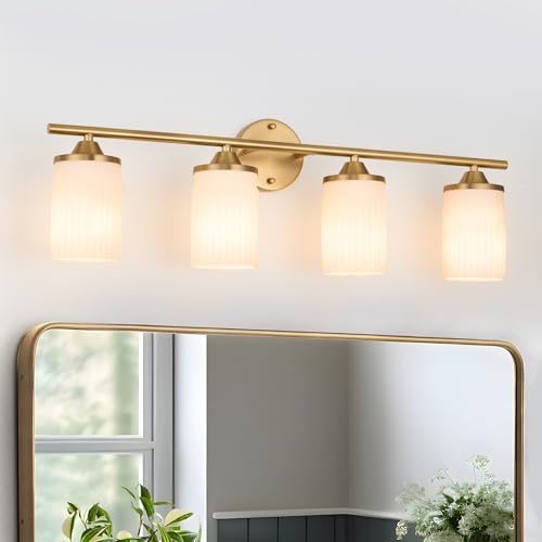 Image of Jonsi Gold Bathroom Light Fixtures 4-Light Vanity Lights Modern Wall Sconce with Milk White Shade Brushed Brass Bathroom Light Fixture Over Mirror for Bedroom Hallway Kitchen