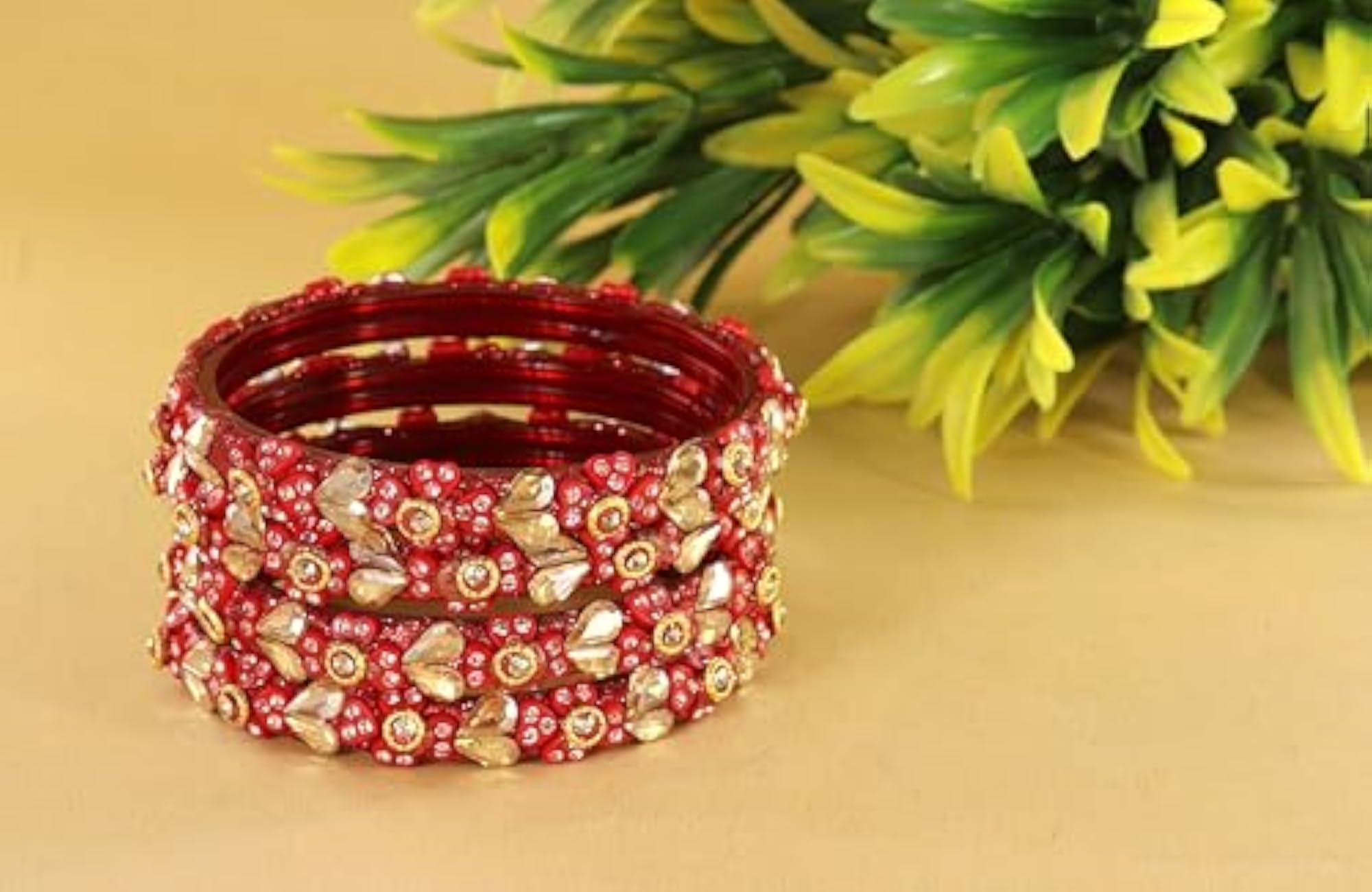 4pc Stylish Glass Kada Bangle Set with Zircon Gemstones