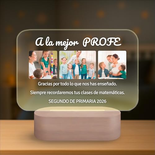 Lámpara Personalizada Con Fotos Y Texto – Regalo Para Profesora – Detalle Fin De Curso – Luz Led – Regalo Original Para Maestra Infantil O Primaria – Placa De Metacrilato (Profesora)