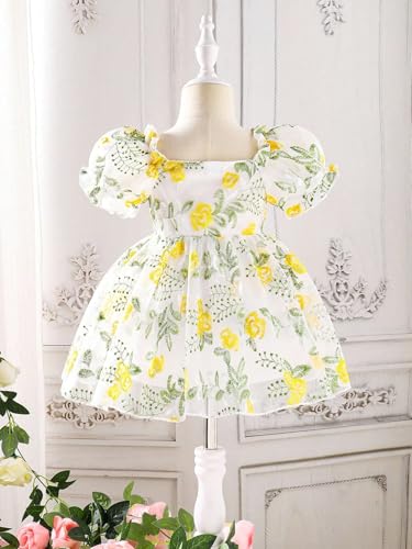 Image of Tagas Girls' Knee-Length Dress|Elegant Floral Embroidered Baby Girl Party Dress with Bow|Soft Net Layered Frock for Birthday, Wedding & Festive Occasions|Comfortable & Stylish