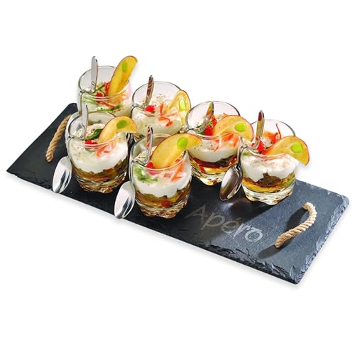 Lebrun Couverts – Apéro Service 13 Pièces - 6 Verrines en Verre Apéritifs avec 6 Cuillères Coudées – Plateau Ardoise avec Poignées Cordes Inclus –...