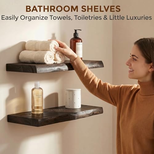 Image of Dreamland 18 Inch Long Floating Shelves Set of 2, Rustic Solid Elm Wood Live Edge Floating Shelf Wall Mounted, 8 Inch Deep Wall Shelves with Invisible Bracket for Living Room Bathroom Kitchen, Walnut