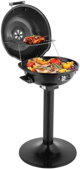 Electric BBQ Grill with Stand, 1600W Portable Outdoor/Indoor Grill with Interlocking Hood, Temperature Control & Warming Rack, Non-Stick Surface with Oil Collection Tray for Patio & Balcony