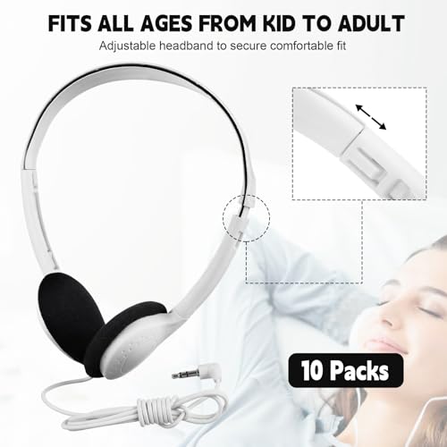 Image of Konohan 10 Pack Headphones Bulk Headphone for School Classroom Student Wired Headphones Adjustable with 3.5 mm Jack for Adults (White)