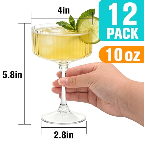 Image of 12 Pcs Plastic Martini Glasses Disposable,10oz Ribbed Martini Glasses | Unbreakable, Vintage Coupe Cocktail Glasses Set with Detachable Stem for Wedding Birthday Party Bar Supplies, Clear