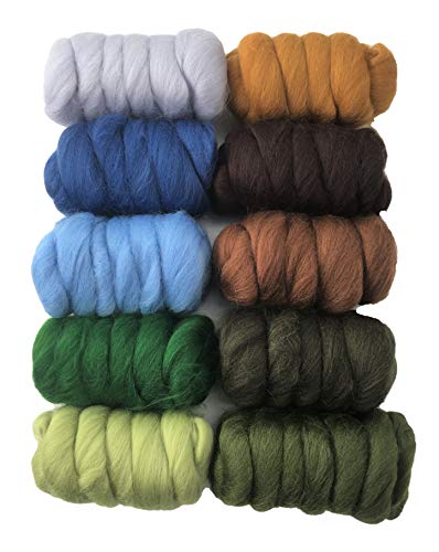 Molten Designs 250gm Pack of 10 Merino Wool Tops for Needle & Wet Felting and Spinning, Berry, Black, Blue, Gold, Gray, Green