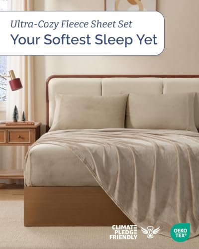 Image of Fleece Sheets Queen Size Set - 4-Piece Flannel Sheet Set - Oxford Tan