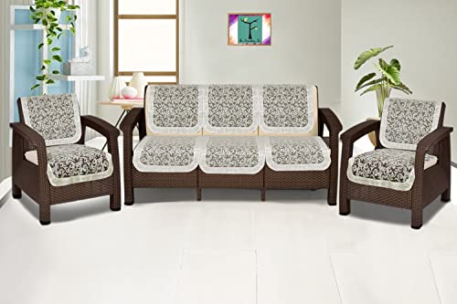 Image of The Furnishing Tree Cotton Floral Knitted Pattern 10 Pieces 5 Seater Sofa Cover Set Offwhite