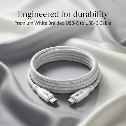 Image of PHILIPS DLC4130CW /94 65W Type-C to Type-C Fast Charging Cable (1m, Bright White) | Nylon Braided | Compatible with iPhone 15+ Series, USB-C iPad Models, Samsung Galaxy & All Type C Devices