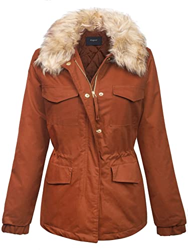 KOGMO Womens Fully Lined Zip Up Anorak Jacket Detachable Faux Fur Trim-M-RUST
