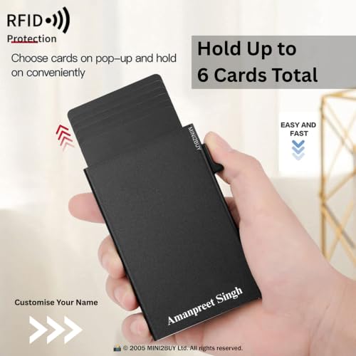 Image of MINI2BUY Slim Aluminum Customized Your Name Card Holder Wallet for Men Women RFID Blocking Minimalist Durable Metal Pop Up Wallet Pocket for Cash, Credit, Debit, ATM Cards (Push-Black)