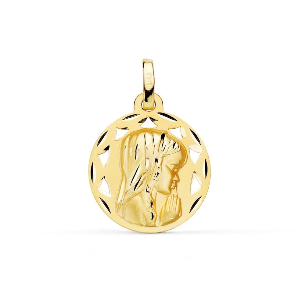 Virgen Niña medalla oro 18k Primera Comunión colgante 18mm. detalles calados tallados