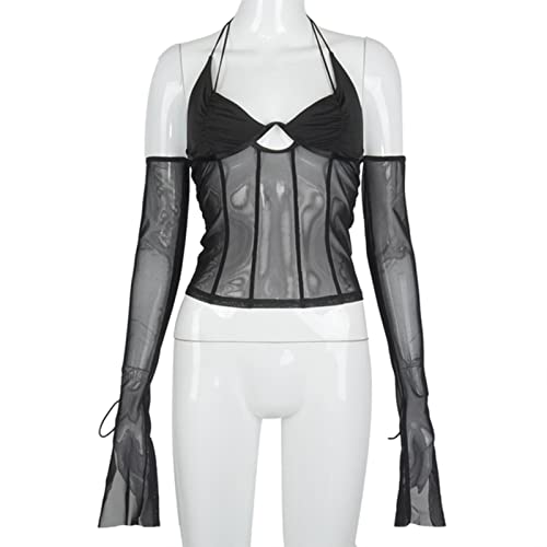 ZIERUCI Mujeres Sexy Mesh Patchwork Sheer Shirts Tops Halter Cuello del Hombro Abierto de la Espalda T Shirts Vendaje de Manga de Destello Ver A Tips Tops Cover