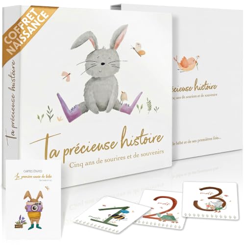 Livre de naissance bébé 0-5 ans avec 13 cartes étapes – Coffret naissance prêt à offrir, album souvenirs 120 pages, 6 pochettes souvenirs, cadeau...