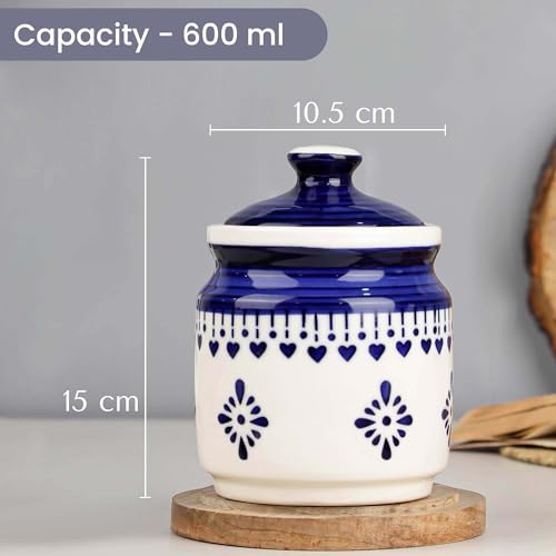 Image of The Earth Store Blue Drape Ceramic Jars for Kitchen Storage 600ML Each | Pickle Jar Set of 2 | Barni Jar with Lid | Ceramic Storage Containers Jar for Achar, Cookies, Chatney, Sugar