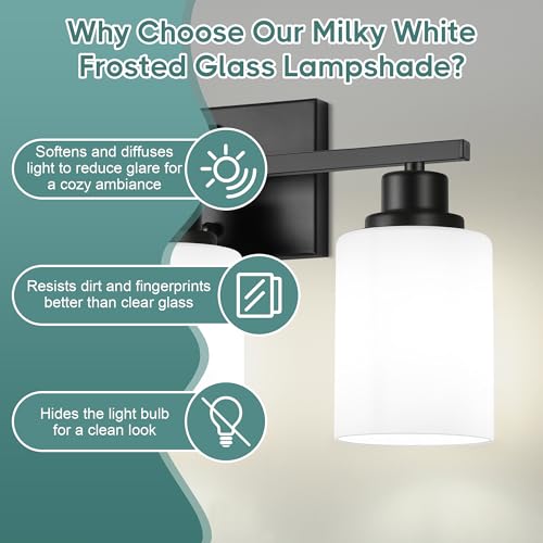 Image of Ascher Bathroom Light Fixtures, 3-Light Vanity Light Over Mirror, Black Wall Sconces with Milky White Frosted Glass Shades, Wall Lamp for Living Room Bedroom, E26 Base(Bulbs Not Included)