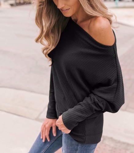 Lacozy Women's Off The Shoulder Tops Waffle Knit Oversized Sweatshirt Long Sleeve Tunic Shirts Pullover Sweaters4