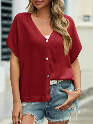 Image of Saodimallsu Womens Summer Oversized Cardigans Batwing Short Sleeve Lightweight Button V Neck Casual Knit Sweater Tops