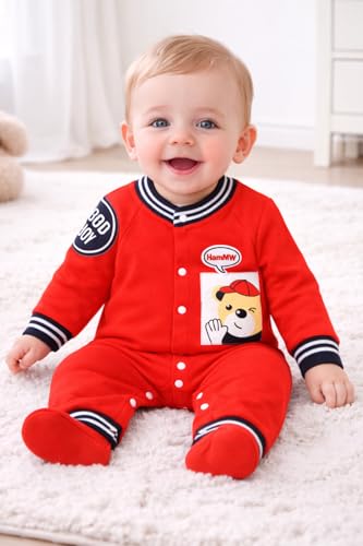 Image of Bold N Elegant Cute Bear Panda Cartoon Print Newborn Cotton Full Sleeve Footless Baby Romper Onesie Buttoned Bodysuit for Newborn Infant Baby Boys Girls