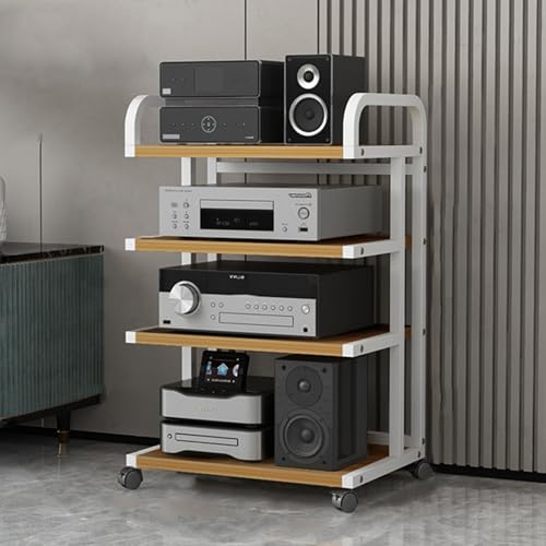 4-poziomowy stojak na audio HiFi z uniwersalnymi kółkami, stylowy czarno-drewniany design, oszczędzający miejsce, wiele półek, na gramofony i sprzęt HiFi, idealny dla audiofilów