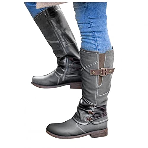 Hbeylia Boots For Women Vintage Fashion Casual Leather Round Tie Chunky Block Low Heels Motorcycle Riding Mid Calf Boots Retro Slip On Work Boots With Metal Buckle Winter Short Boots For Ladies