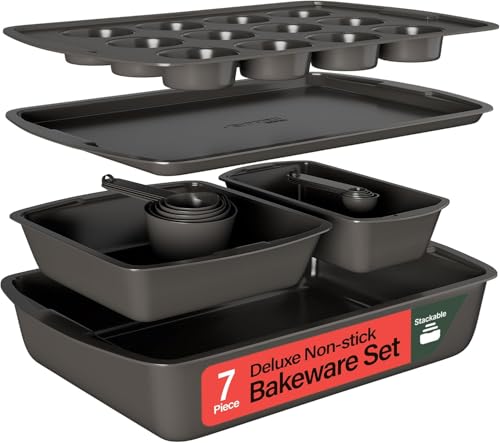 Emporio Kitchen Stackable Baking Pan Set - Deluxe Nonstick Black Coating, Carbon Steel Bakeware Sets, PFOA, PFOS, PTFE Free, Recipe Booklet Included, Oven Safe (Up to 450°F), Set of 7 - Black by Emporio Kitchen - Used condition - US$22.04