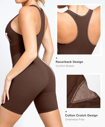 Popilush Shapewear Romper Shorts Romper for Women Bodycon Jumpsuit Workout Romper Racerback Brown M - image 3