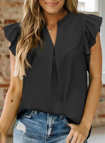 Dokotoo Womens Summer Tops Dressy Casual V Neck Ruffle Short Sleeve Solid Blouses Tops2