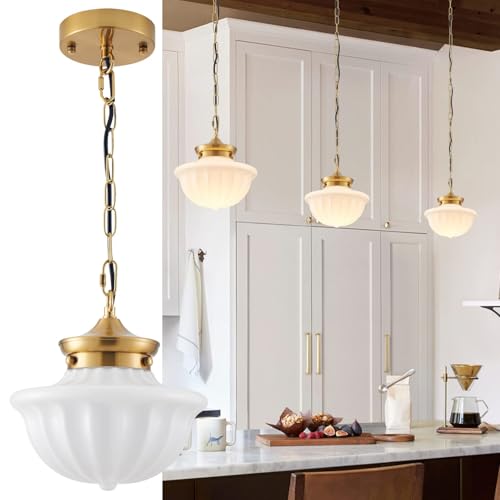 youngrender Schoolhouse Pendant Fixtures, 9" Brass Gold Milk Glass Pendant Light, Adjustable Mid Century Ceiling Pendant Lighting for Bedroom Kitchen Living Room Hallway Dining Room
