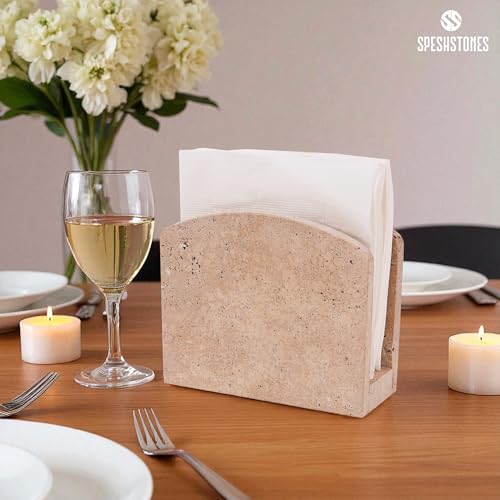 Miniatura 2 de Speshstones Servilletero De Mármol De 16,5 Cm Hecho A Mano Con Travertino Para Mesa, Organizador De Servilletas De Papel De Piedra Para Encimera De Cocina Y Decoración De Baño