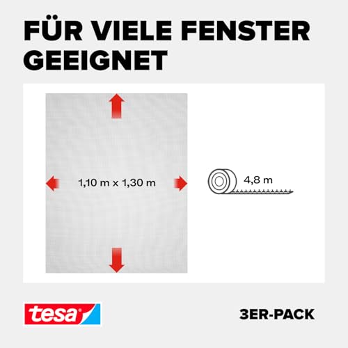 tesa Insect Stop Standard Fliegengitter für Fenster im 3er Pack - Insektenschutz zuschneidbar - Mückenschutz ohne Bohren - 3 x Fliegen Netz - 110 cm x 130 cm - Anthrazit