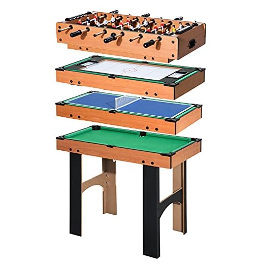HOMCOM Mesa Multijuegos 4 en 1 Incluye Futbolín Air Hockey Ping-Pong y Billar - Juguete de Madera para Niños y Adultos 87x43x73cm