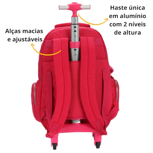 Kit Mochila 4 rodinhas giro 360 graus Lancheira Termica e Estojo Box Chaveiro Pelucia Pink Up4you