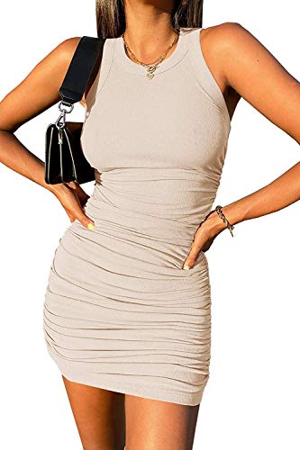 Image of Wenrine Womens Summer Bodycon Dresses Ribbed Slim Tank Mini Sundress | Slim Fit, Stretchy, Sexy, Scoop Neck, Crew Neck, Beach Vacation Clothes, Cocktail Party Club