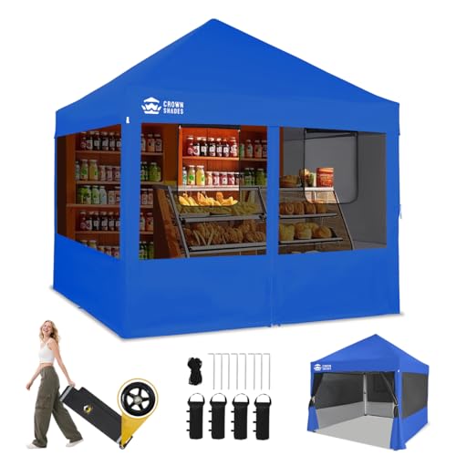CROWN SHADES 10x10 Pop Up Canopy with 4 Food Booth Sidewall Kit, Instant Commercial Canopy Tent with 1-Person Setup 8-Way Centerlock, 400D Silver Coated Fabric, Sto'N Go Bag, 4 Weight Bags, Blue