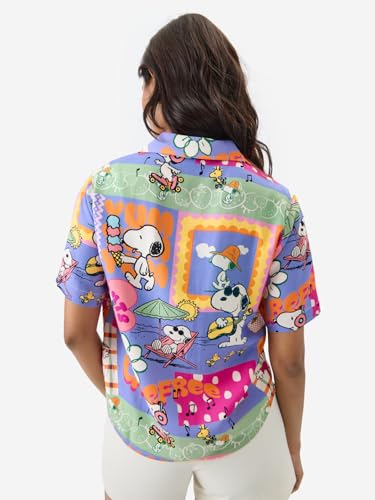Image of The Souled Store Official Peanuts: Carefree Women and Girls Short Sleeve Collared Neck Button Front Regular Fit Rayon Summer Shirts