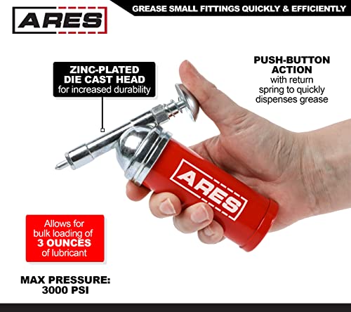 Image of ARES 53010 - 3-Ounce Push-Type Mini Grease Gun - Needle Nozzle Easily Greases Small Fittings - One-Handed Operation - 3000 PSI Working Pressure