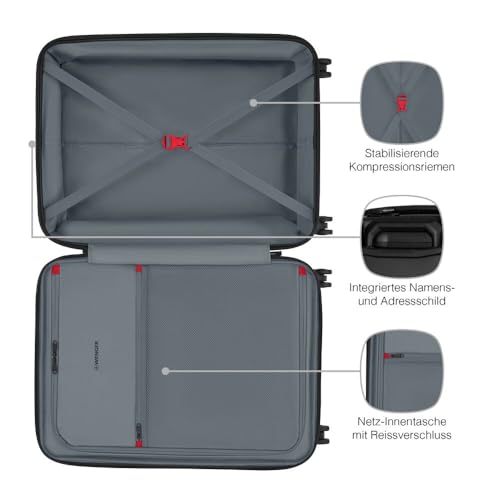 WENGER Prymo Medium Hartschalenkoffer mit 4 Rollen, Trolley, Mittelgroß, 59 (67) l, Sicherheitsschloss, Damen Herren, Reisen Urlaub, Schwarz, 612537