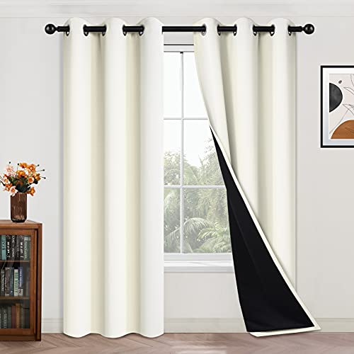 Image of Yakamok 84 Inch Length 100% Blackout Curtains for Bedroom, 2 Thick Layers Thermal Insulated Grommet Total Blackout Drapes with Black Liner for Living Room (42Wx84L,Cream, 2 Panels)