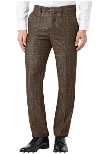 Men's Herringbone Tweed Dress Pants Vintage Flat Front Wool Trousers Regular Fit