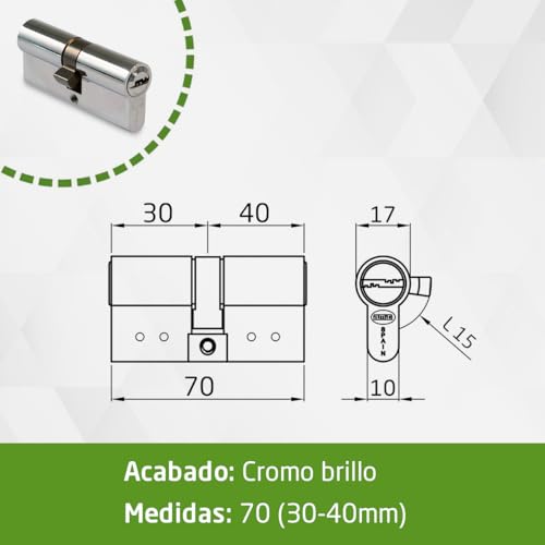 Miniatura 6 de Amig - Cilindro De Seguridad Mod. 9800 - Cerradura Para Puertas - Leva Larga De 15mm - Sistema Antitaladro - Incluye 5 Llaves - Plateado - Medidas: 90 45-45 Mm