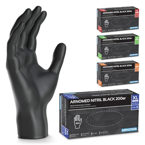 1000x ARNOMED Einweghandschuhe Schwarz, Einmalhandschuhe L, Nitrilhandschuhe (5x200 Stk), Handschuhe Einweg puderfrei, Gummihandschuhe Einweg, Handschuhe Nitril, Einmalhandschuhe in S, M, L & XL