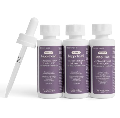 Happy Head Minoxidil Topical Hair Serum 2% Solution for Women - Fast-Absorbing, Unscented Formula for - 3-Month Supply (3 x 60 mL Bottles)